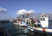 Imagen de la protesta que realizaron antes de ayer medio centenar de barcos pesqueros de La Línea de la Concepción y Algeciras por el lanzamiento al mar de bloques de hormigón por parte del Gobierno de Gibraltar y por las trabas que tienen para faenar desde hace más de un año. EFE